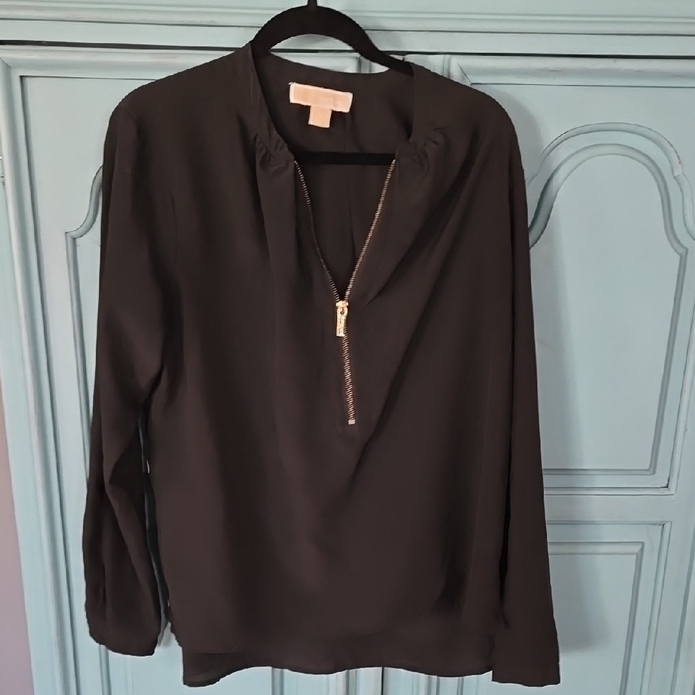 Michael Kors Gray Long Sleeve Zippered Blouse